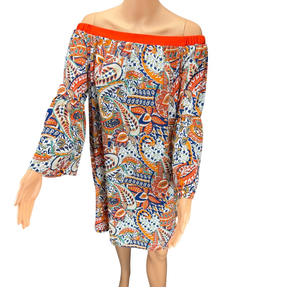 Gibson & Latimer Paisley Off Shoulder Bell Sleeve Mini Dress M Boho Chic Hippie